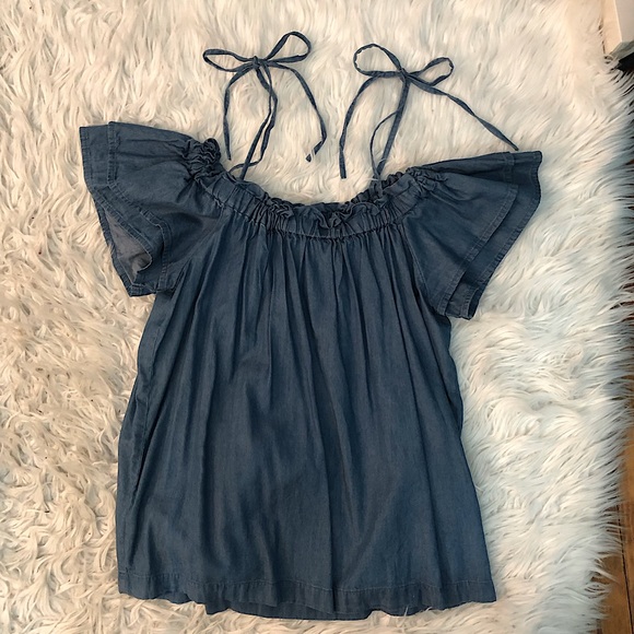 Ann Taylor Loft spring summer top off the shoulder blue chambray denim blouse XS - Picture 2 of 11